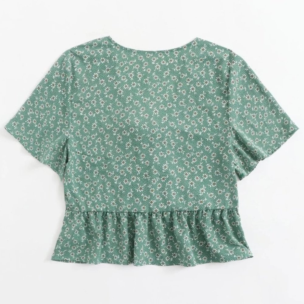 Boho Floral print front tie babydoll peplum crop top green - Picture 7 of 7